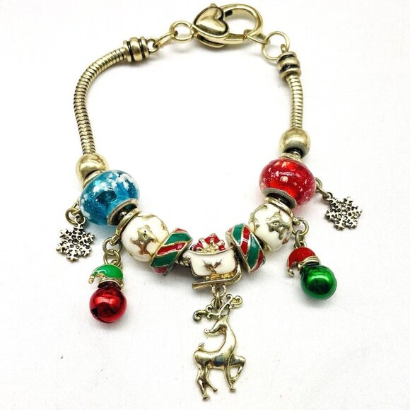 Christmas Charm Bracelet Reindeer Snowflakes Jingle Bells Red Green Enamel Beads - Picture 2 of 9